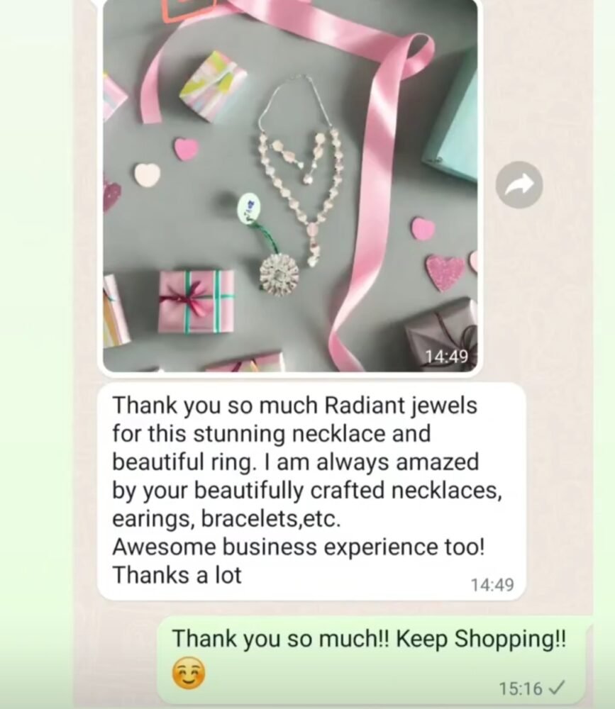 Customer appreciation for handcrafted jewelry from www.radiantjewels.store – necklaces, earrings, rings, and more