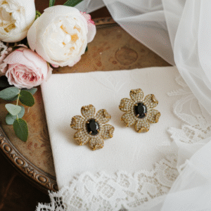 Black Crystal & Golden Floral Earrings | Radiant Jewels Store