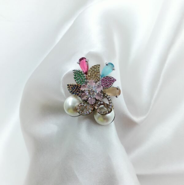 Multicolor CZ Floral Statement Ring with Pearls
