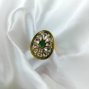 Kundan Oval Ring with Green Stone | www.radiantjewels.store