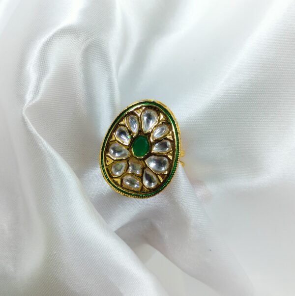 Kundan Oval Ring with Green Stone | www.radiantjewels.store