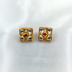 Square Kundan Red Stud Earrings with gold plating and center red stone by www.radiantjewels.store