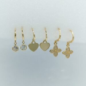 Gold-Toned Triple Charm Earrings Set with zircon, heart, and floral crystal danglers – www.radiantjewels.store
