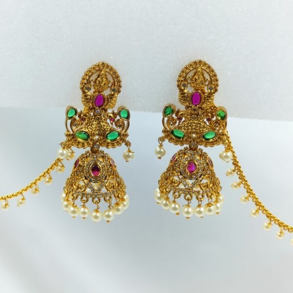 Temple Style Ear Chain Jhumkas with ruby emerald stones and pearls - www.radiantjewels.store