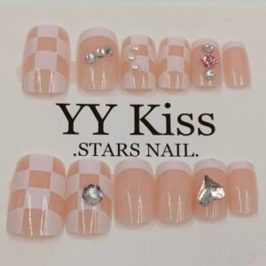 Pink Checkered Press-On Nails with playful pink-and-white pattern from www.radiantjewels.store