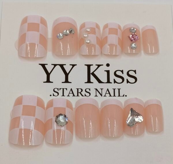 Pink Checkered Press-On Nails with playful pink-and-white pattern from www.radiantjewels.store