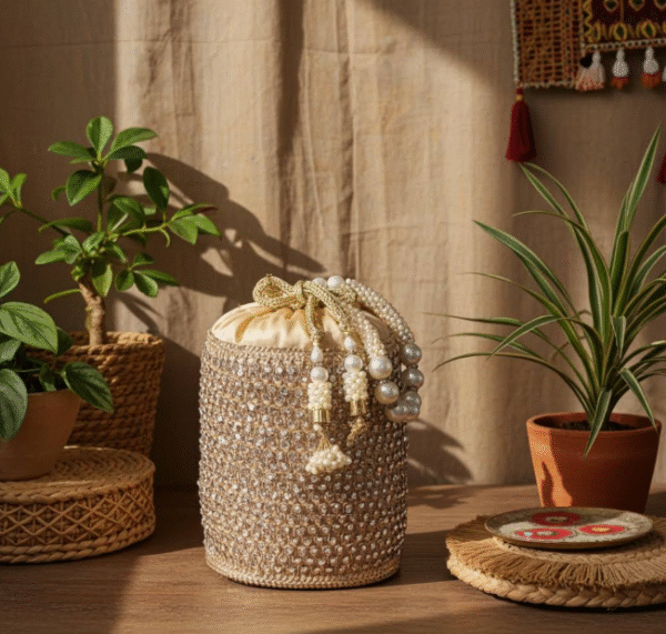 Rhinestone Potli Bag with Pearl Handles | Radiant Jewels Store