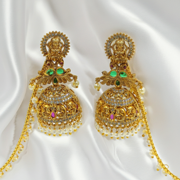 Temple Jewellery Jhumka with Ear Chain RJS | Radiant Jewels Store