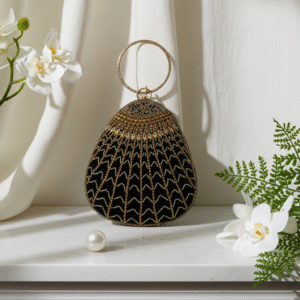 Velvet Gold Beaded Ring-Handle Clutch | Radiant Jewels Store