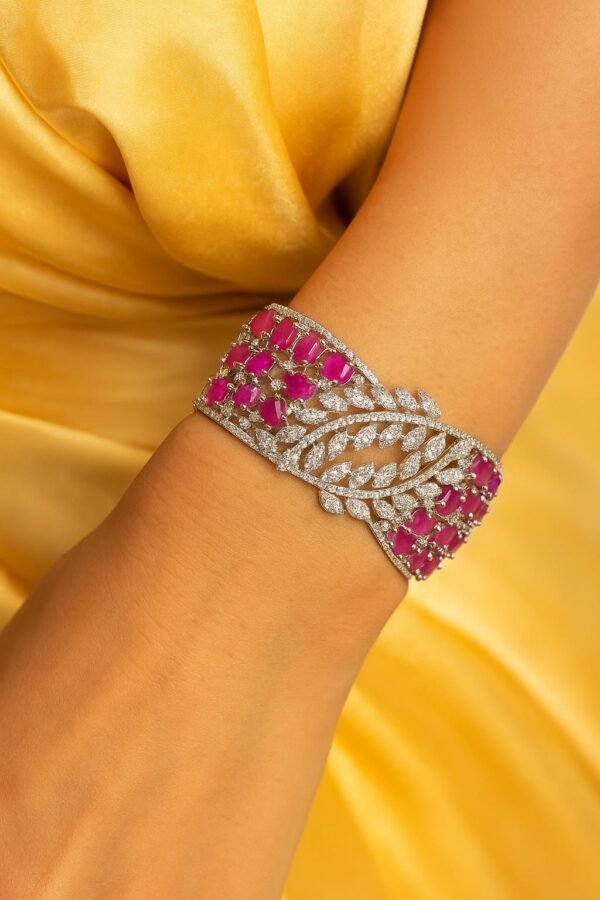 Silver-Tone Pink Stone Leaf Bracelet