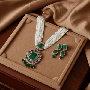 Wedding jewellery set with pearls & green stones RJS | Radiant Jewels Store
