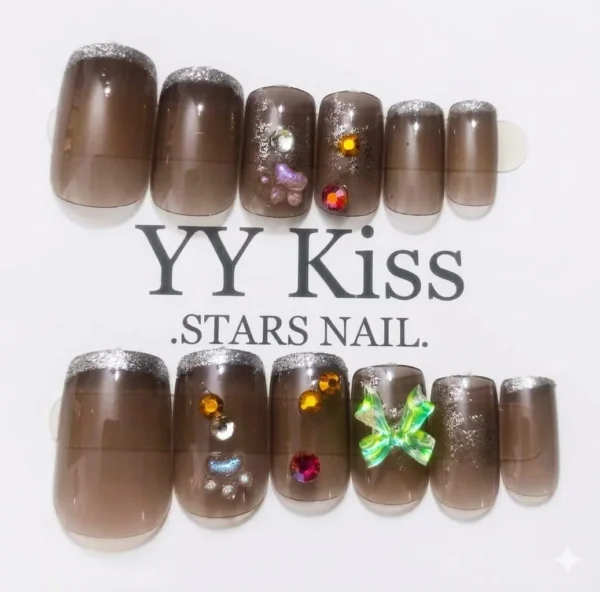 Smoky Brown Glitter French Tip Press-On Nails | Radiant Jewels Store